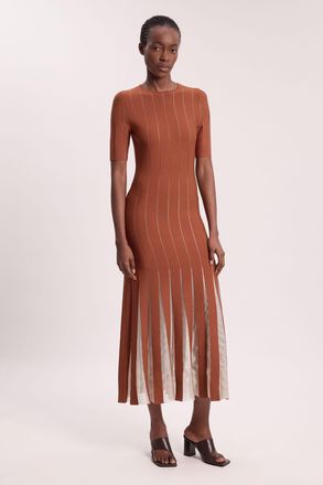 Karen Millen Womens Petite Viscose Blend Filament Full Skirt Knit Short Sleeve Midi Dress - Rust - Size X-Small