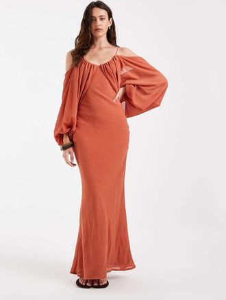 Asos vestito maxi drappeggiato con manica blouson drappeggiata e laccetto con nappine color ruggine-Multicolore