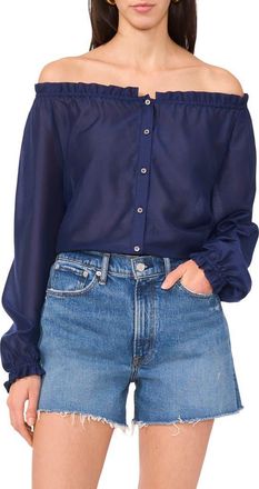 Vince Camuto Off the Shoulder Long Sleeve Button-Up Top in Classic Navy at Nordstrom, Size X-Large