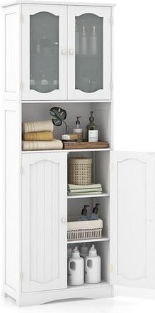 Costway Tall Bathroom Storage Cabinet Tempered Glass Door Pantry Cabinet-White