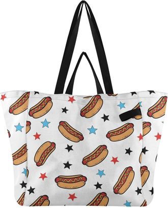 Generic Hotdog Star White pattern Reusable Canvas Tote Bag, Heavy Duty Grocery Shopping Bag with Large Capacity Double Handles Hard Bottom Work Groceries Trav