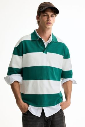 H&M Loose-fit Polo Shirt in Green/striped at Nordstrom, Size X-Large