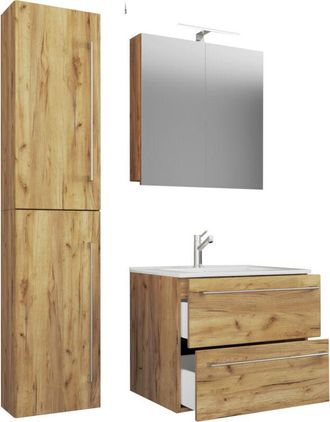 VCM Vcm - 4 Pcs Lavabo Lavabo Gabinete Inferior Ancho 60 Cm Muebles De Ba&ntilde;o Con Cajones Puertas Giratorias Armario De Espejo Badinos (roble De Miel)