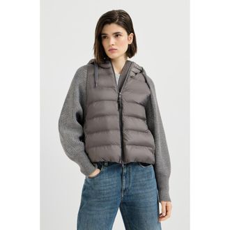 Brunello Cucinelli Water-resistant matte nylon hooded down jacket with monili and sleeves in virgin wool, cashmere and silk knit in Medium Grey at