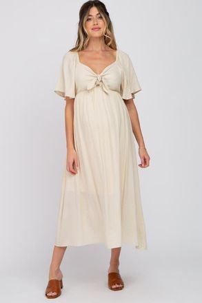 Pinkblush Front Tie Ruffle Sleeve Midi Dress in Beige at Nordstrom, Size X-Large