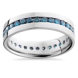 Pompeii3 1 1/5ct Blue Diamond Channel Set Eternity Ring 14K White Gold Comfort Fit Size Selectable
