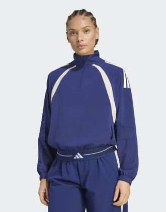 adidas Hyperglam - Top sportivo blu scuro con 3 strisce e zip corta