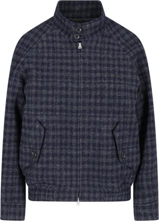 Dunst Blue/Grey Checkered Padded High-Collar Wool Jacket