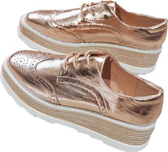 Generic Comfort Oxford Shoes for Women Girls Lace Up Platform Wedge Everyday Work Office Business Formal Dress Shoes Brogues Gold