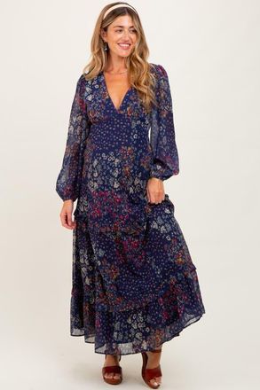Pinkblush Floral Chiffon V-Neck Long Sleeve Maxi Dress in Navy Blue at Nordstrom, Size Medium
