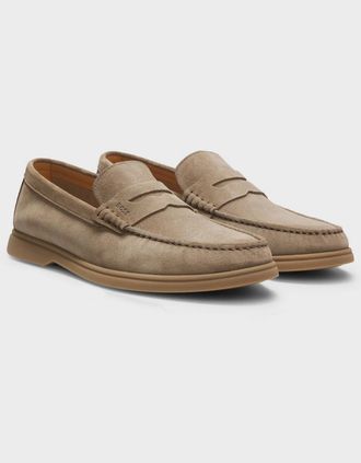 HUGO BOSS Mens BOSS Orange Sienne Suede Loafers with Logo Penny Trim - Medium Beige 260 - Tan - Size: 12