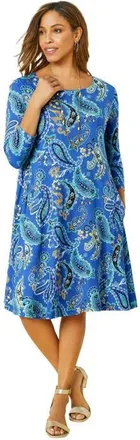 Jessica London Stretch Knit Three-Quarter Sleeve T-Shirt Dress in Dark Sapphire Playful Paisley at Nordstrom, Size 28