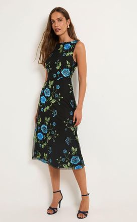 Wallis Womens Floral Embroidered Mesh Fit & Flare Midi Dress - Blue - Size 20 UK