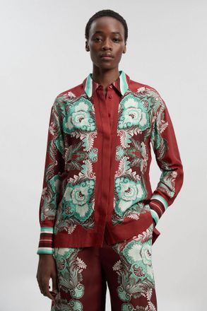 Karen Millen Womens Mirrored Viscose Linen Print Woven Shirt - Rust - Size 16 UK