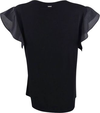 DKNY Womens Mixed-Media Ruffle-Sleeve Top In Black