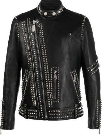 Philipp Plein Rockstud-embellished leather biker jacket - men - Lamb Skin/Polyester/Spandex/Elastane - XXXL - Black