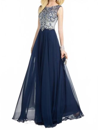 Alyce Paris Long Chiffon Beaded Dress In Ocean
