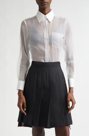 Thom Browne Silk Organza Button-Up Shirt in White at Nordstrom, Size 10 Us