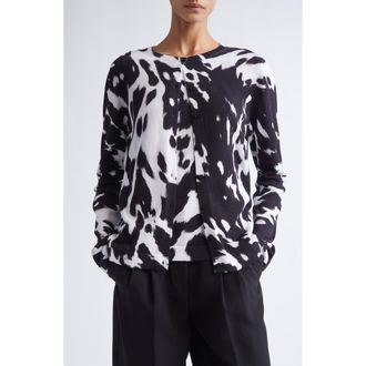 Oscar De La Renta Cow Print Cotton Blend Cardigan in Black/Ivory at Nordstrom, Size X-Small