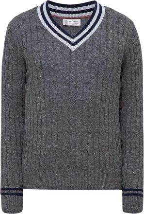 Brunello Cucinelli Gemarmerde Oversized Linnen-Katoen Knit met V-Hals - Dames - V-hals truien - Grijs - 3XL - Katoen - Truien & Vesten
