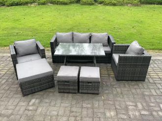 Fimous 8 Seater Rattan Outdoor Furniture Sofa Garden Dining Set with Dining Table 2 Armchairs 3 Stools Dark Grey