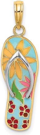 Diamond2Deal 14k Yellow Gold Rhodium Multi-Colored 3D Enamel Fuschia Flowers On Flip-Flop Charm