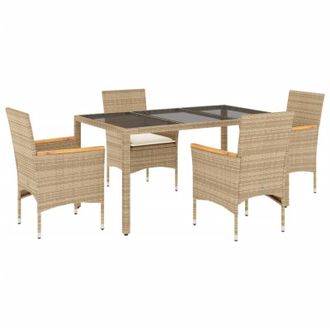 vidaXL Set Comedor Jard&iacute;n 5 Pzas Cojines Rat&aacute;n Sint&eacute;tico Vidrio Beige Vidaxl