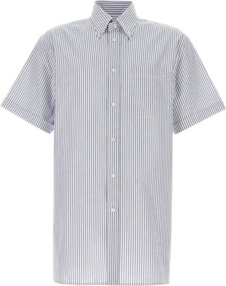 Valentino Garavani V Logo Gestreept Oxford Overhemd - Heren - Korte mouwen Overhemden - Blauw - XL - Katoen - Overhemden