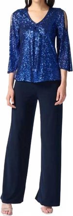 Joseph Ribkoff Sequin Bell Sleeve Flared Top In Navy/royal Sapphire