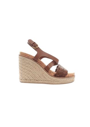 Ferragamo Tan laser cut leather & jute wedge espadrille sandals Size 39