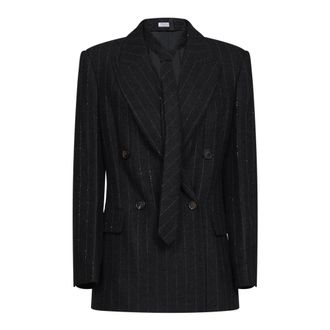 Brunello Cucinelli Jassen, Dames, Grijs, L, Wol, Gekralde Pinstripe Blazer