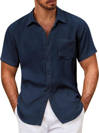 Generic Mens Tall A Shirts Solid Color Loose Pocket Short Sleeved Shirt (Navy, XXXXL)