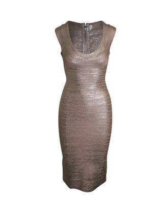 H&eacute;rve L&eacute;ger Scoop Neck Bandage Dress in Metallic Rose Gold Rayon