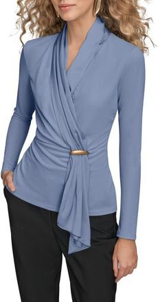 DKNY Wrap Front Long Sleeve Top in Tempest at Nordstrom, Size Medium