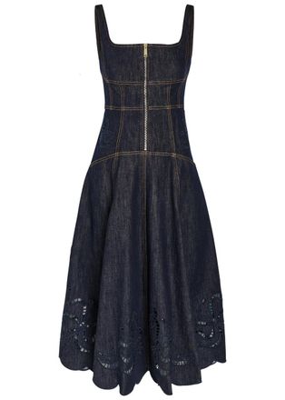 Self Portrait Embroidered Panelled Denim Midi Dress - Blue - 10 (UK10 / S)