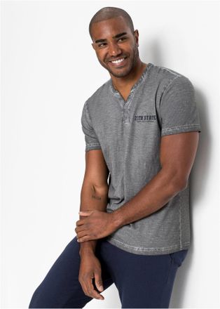Bonprix Henleyshirt BONPRIX, Herren, Gr. 56/58 (XL), rauchgrau bedruckt, Jersey, Obermaterial: 100% Baumwolle, meliert, unifarben, washed, regular fit h&uuml;ftbed