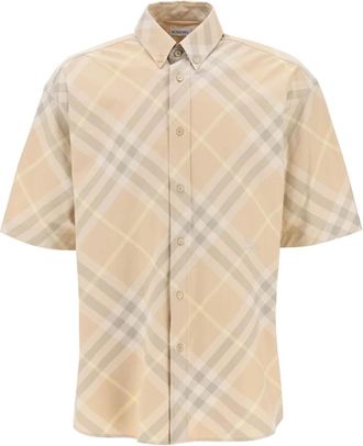 Burberry Check Katoenen Shirt - Heren - Korte mouwen Overhemden - Beige - XL - Katoen - Overhemden