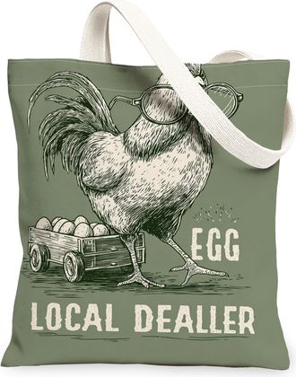Generic Vintage Chicken Canvas Tote Bags, Cute Hen Design Reusable Grocery Bags, Lightweight Washable Shoulder Strap Canvas for Sho, Green, 13x15 Inch
