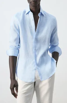Mango Slim Fit Linen Button-Up Shirt in Sky Blue at Nordstrom, Size Large
