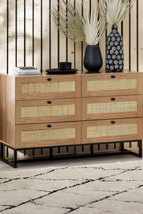Julian Bowen Padstow Rattan 6 Drawer Wide Chest in Light Oak