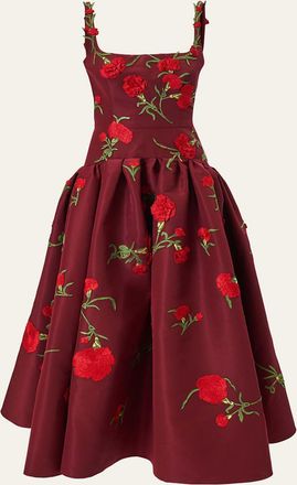 Carolina Herrera Carnation Embroidered Drop-Waist Tea-Length Dress