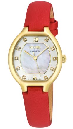 Gevril Group Womens Lugano Swiss Diamond Watch, White MOP Dial, 316L Stainless Steel IPYG Case, Geniune Italian leather red strap - One Size