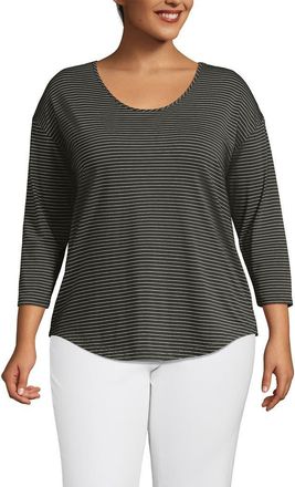 Lands End 3/4 Sleeve Lightweight Jersey U-Neck Tunic in Forest Moss Thin Stripe at Nordstrom, Size X-Small P