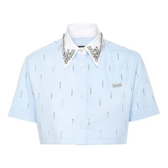 Philipp Plein Poplin Cropped Shirt SS Strass - Dames - Overhemden - Blauw - XS - Katoen - Overhemden