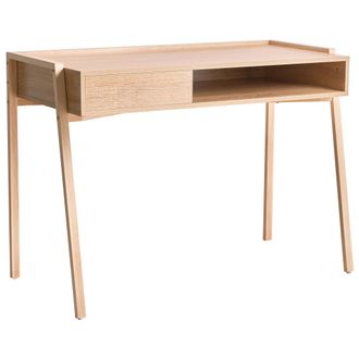 Beliani Escritorio Minimalista Oficina En Casa Con Estante Y Caj&oacute;n Tablero Aglomerado Patas De Hierro 107 X 48 Cm Marr&oacute;n Claro Kofoten