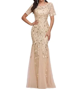 Ever-pretty Embroidered Sequin Mermaid Dress In Gold