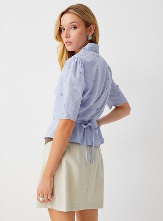 Icone Womens Broderie anglaise notch collar drawcord waist blouse