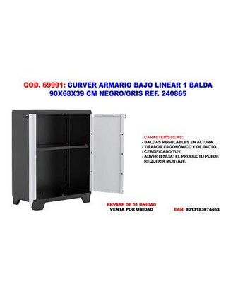 KIS Curver Armario Bajo Linear 1 Balda 90x68x39 Cm Negro-gris 240865