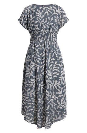 Maggy London Leaf Print Smock Waist Midi Dress in Grey/Ivory at Nordstrom, Size 16