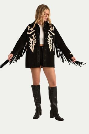 NASTY GAL Real Suede Embroidered Western Shirt in Black at Nordstrom, Size 12